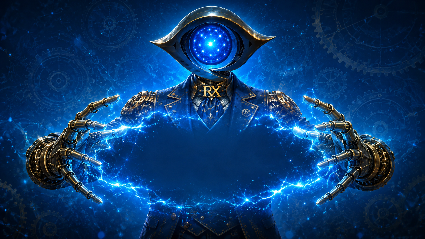The QuantumRx RX guardian, a steampunk cyclops figure channeling lightning between its hands